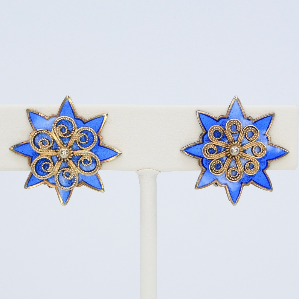 Vintage Ivar Holth Norway 925S Sterling Blue Enamel Starburst Clip On Earrings